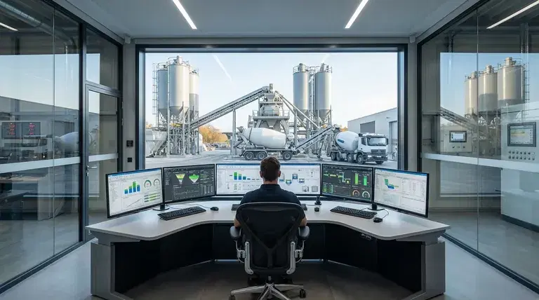 Ready-mix dispatch control room overlooking concrete trucks, plant silos, and operational dashboards.