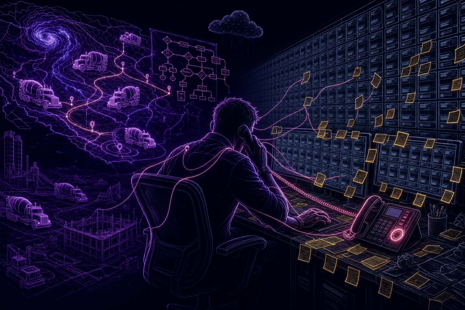 Illustration of a dispatcher overwhelmed by manual routing, ticketing, and fragmented ready-mix coordination.
