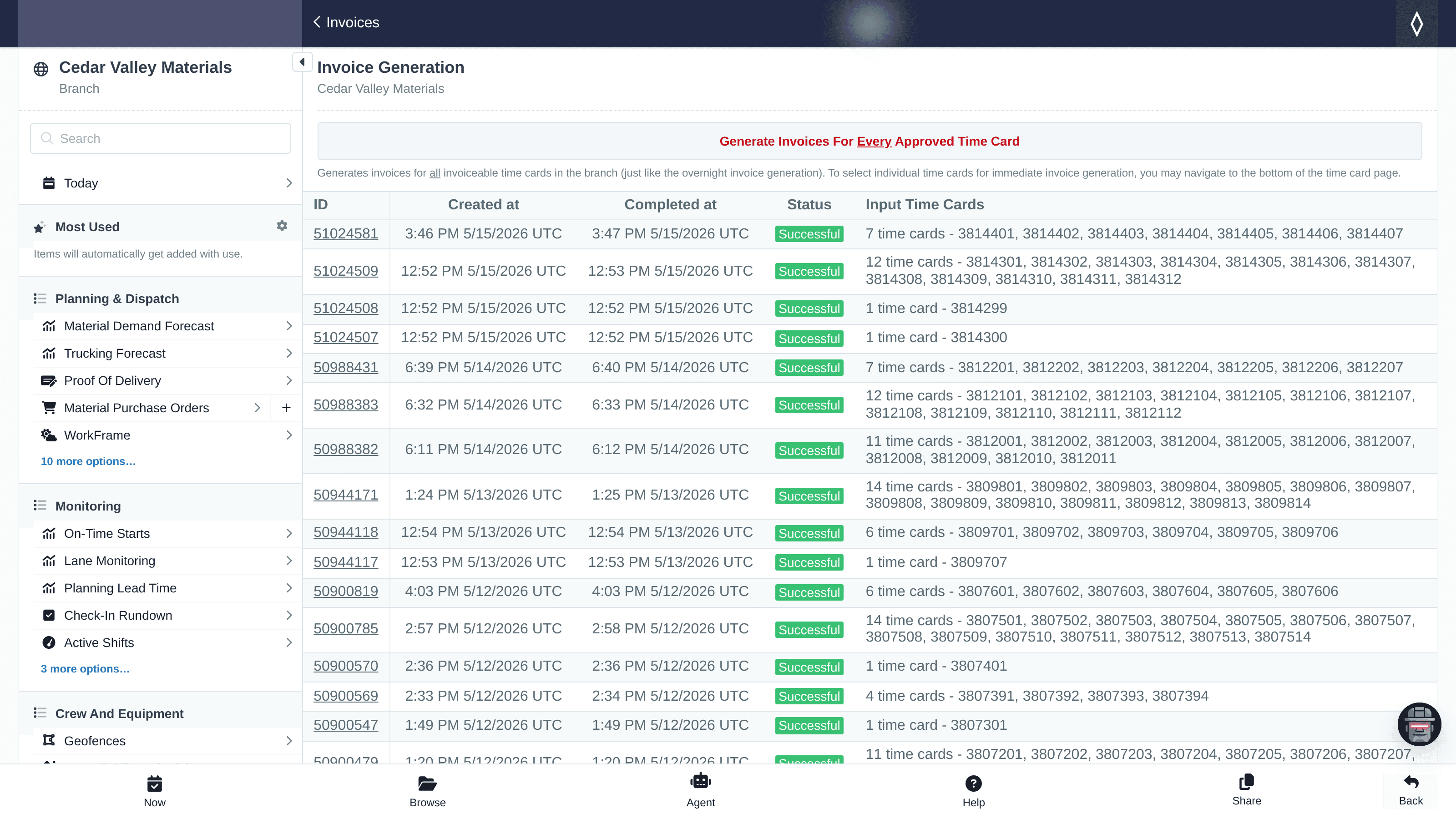 XBE trucking rates and invoicing screen