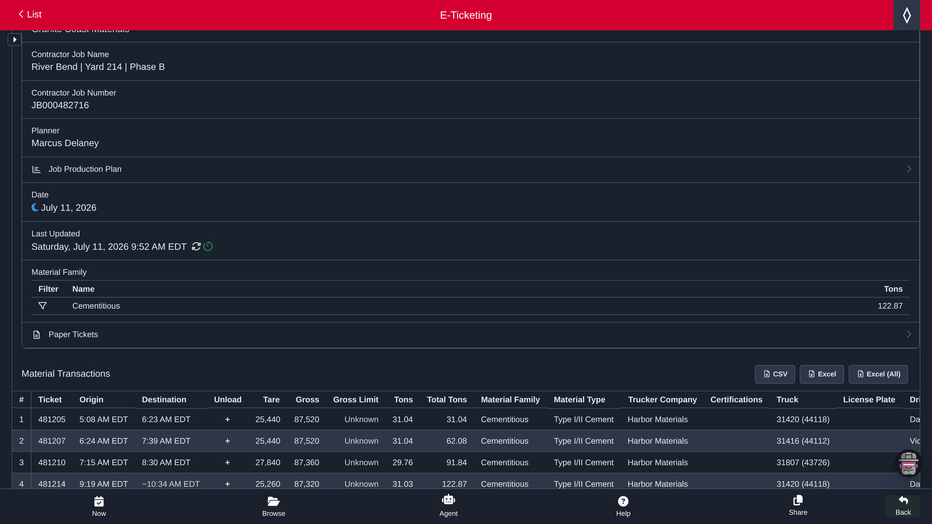 XBE e-ticketing screen showing material transactions and ticket details