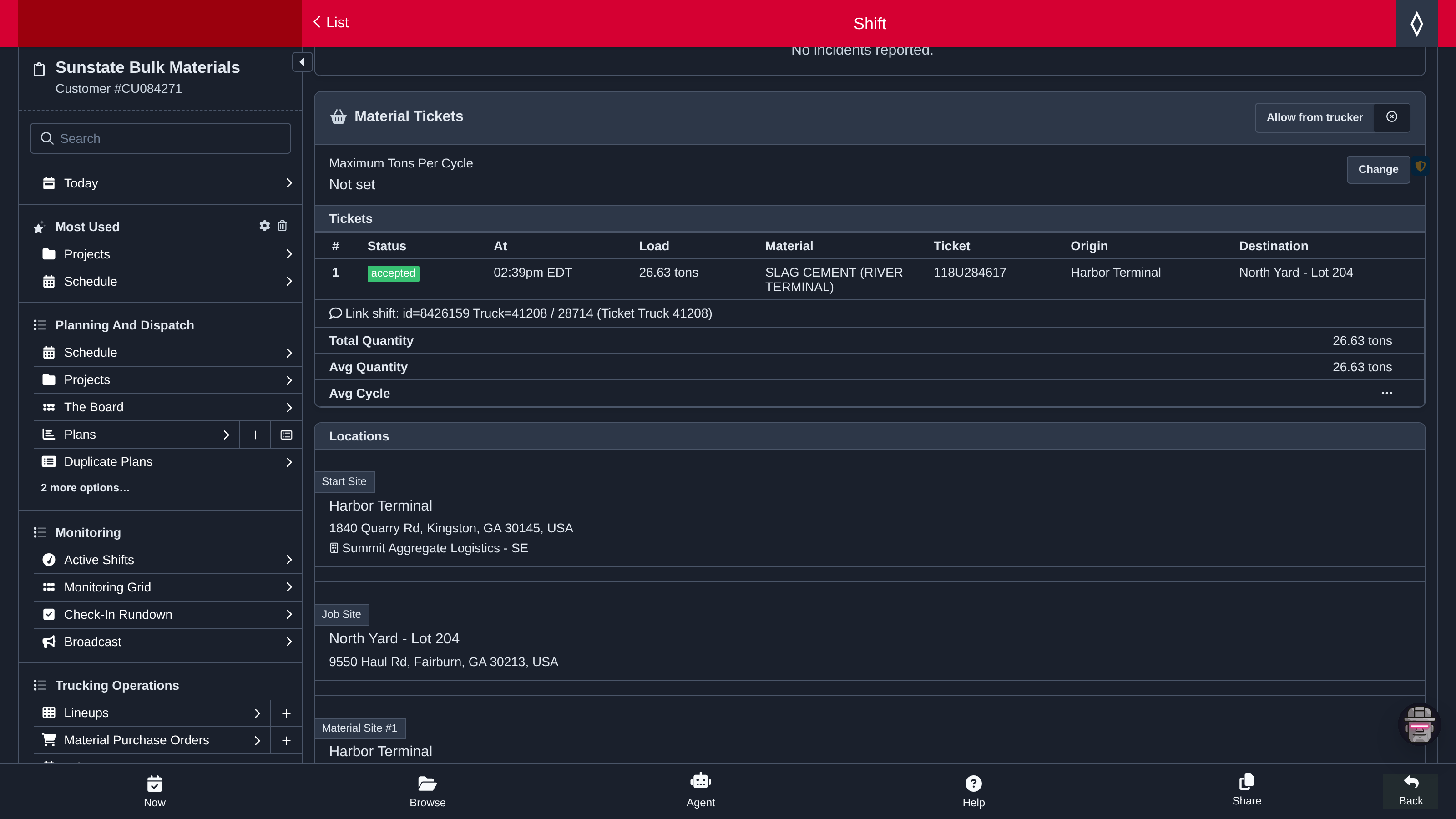 XBE shift screen showing material tickets, locations, and accepted ticket details