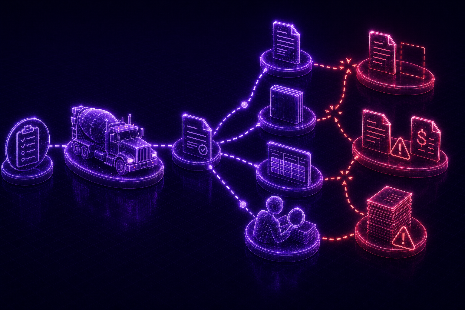 Ready-mix delivery record splitting into disconnected ticketing, billing, invoicing, and reconciliation workflows